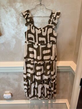 CROSBY by Mollie Burch Olive and Cream Abstract Tiered Midi Dress
